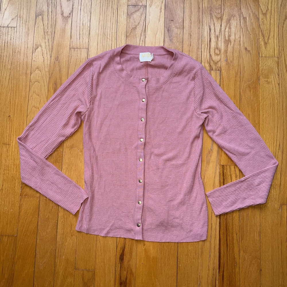 Nation LTD Cardigan Light Sweater S Pink Ribbed Button Front Knit Stretch‎ Top